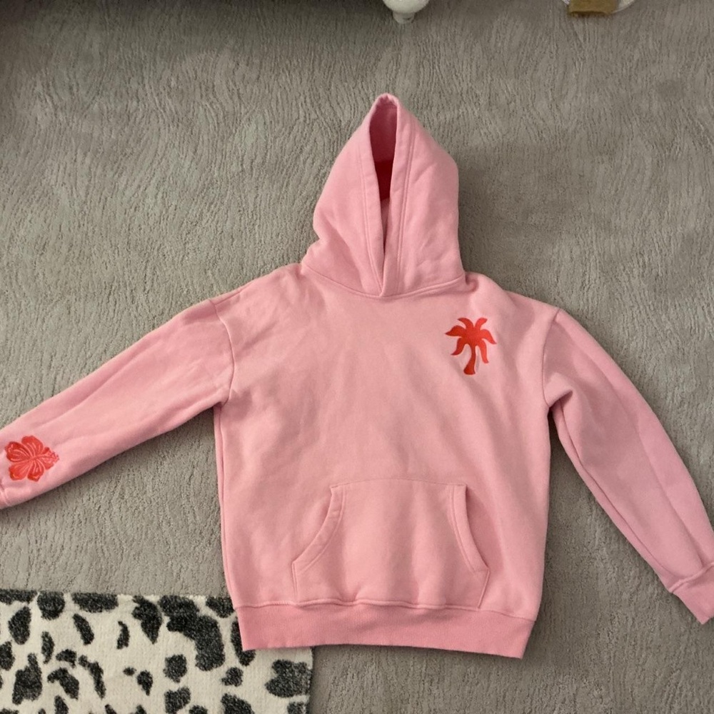 Pink Hooded Crewneck Sweatshirt with Coral Palm Motif